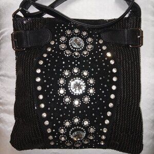Glam Flower Crossbody Bag w/ Dazzling Black Sequins and Rhinestones! (New)
